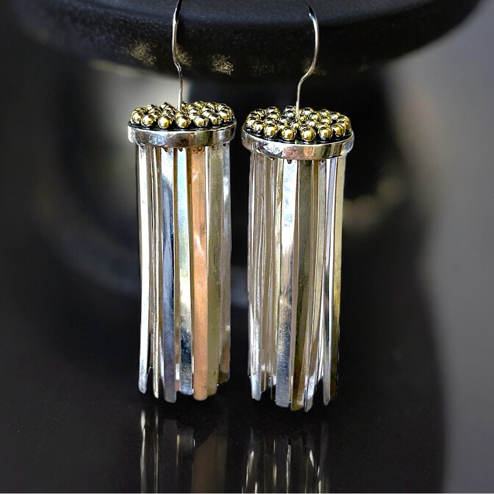 Mixed Metal Fringe Drop Earrings with Gold Bead Accents
